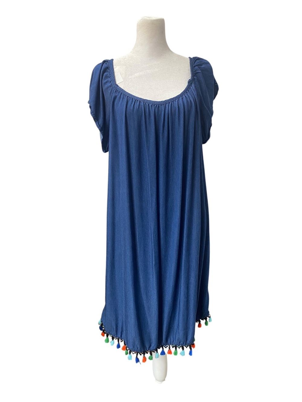Tiana B. Women's size 10 Blue Midi Dress with Multicolor Tassel Hem